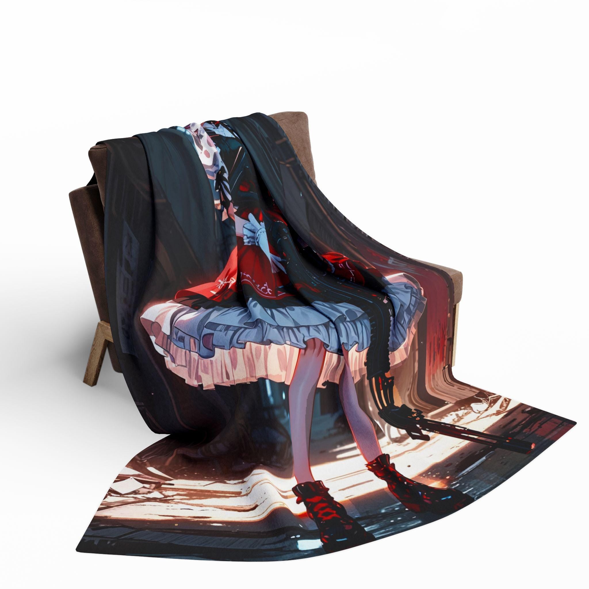 Anime Gothic Girl Fleece Blanket Red Lolita Gun Art Throw Edgy Streetwear Gift for Anime Fans and Otaku Decor