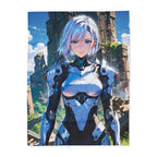 Futuristic Anime Girl Blanket, Silver-Haired Warrior Fleece Throw | Sci-Fi Armor Mecha Style Art | Gamer Room Bedding | Epic Anime Apparel