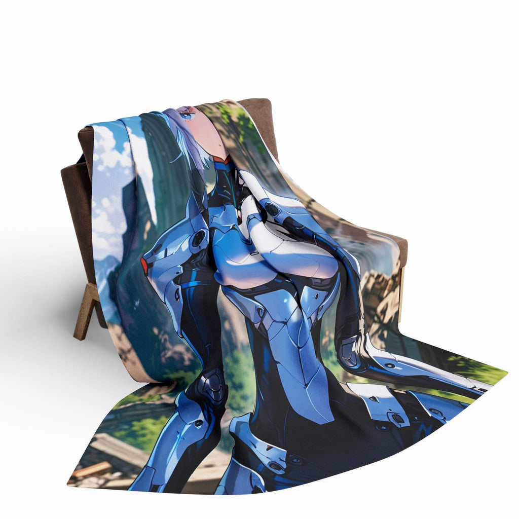 Futuristic Anime Girl Blanket, Silver-Haired Warrior Fleece Throw | Sci-Fi Armor Mecha Style Art | Gamer Room Bedding | Epic Anime Apparel
