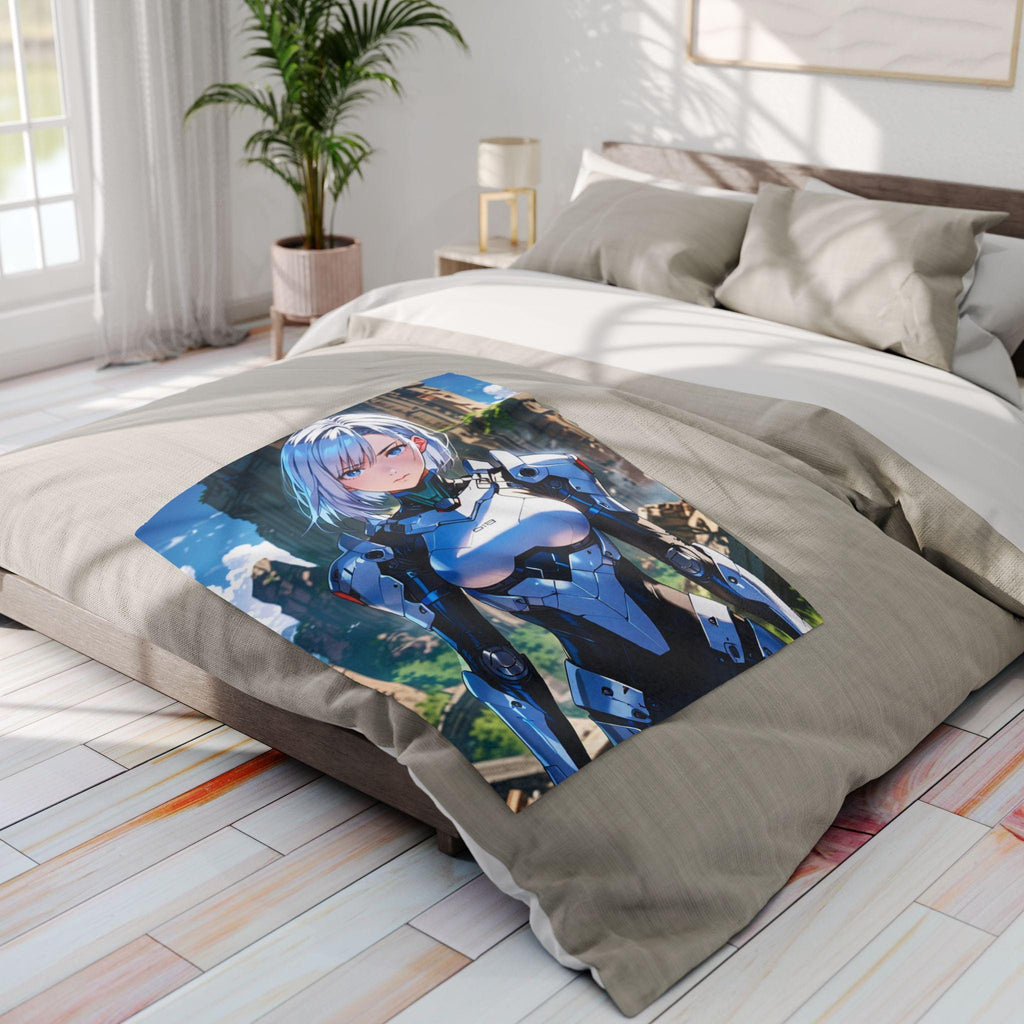 Futuristic Anime Girl Blanket, Silver-Haired Warrior Fleece Throw | Sci-Fi Armor Mecha Style Art | Gamer Room Bedding | Epic Anime Apparel