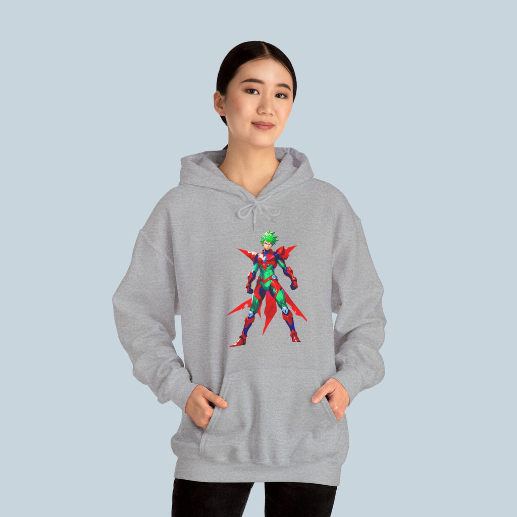 Anime Mecha Hoodie Green Red Warrior Cyber Armor Pullover Streetwear Techwear Gift for Gamers and Anime Fans