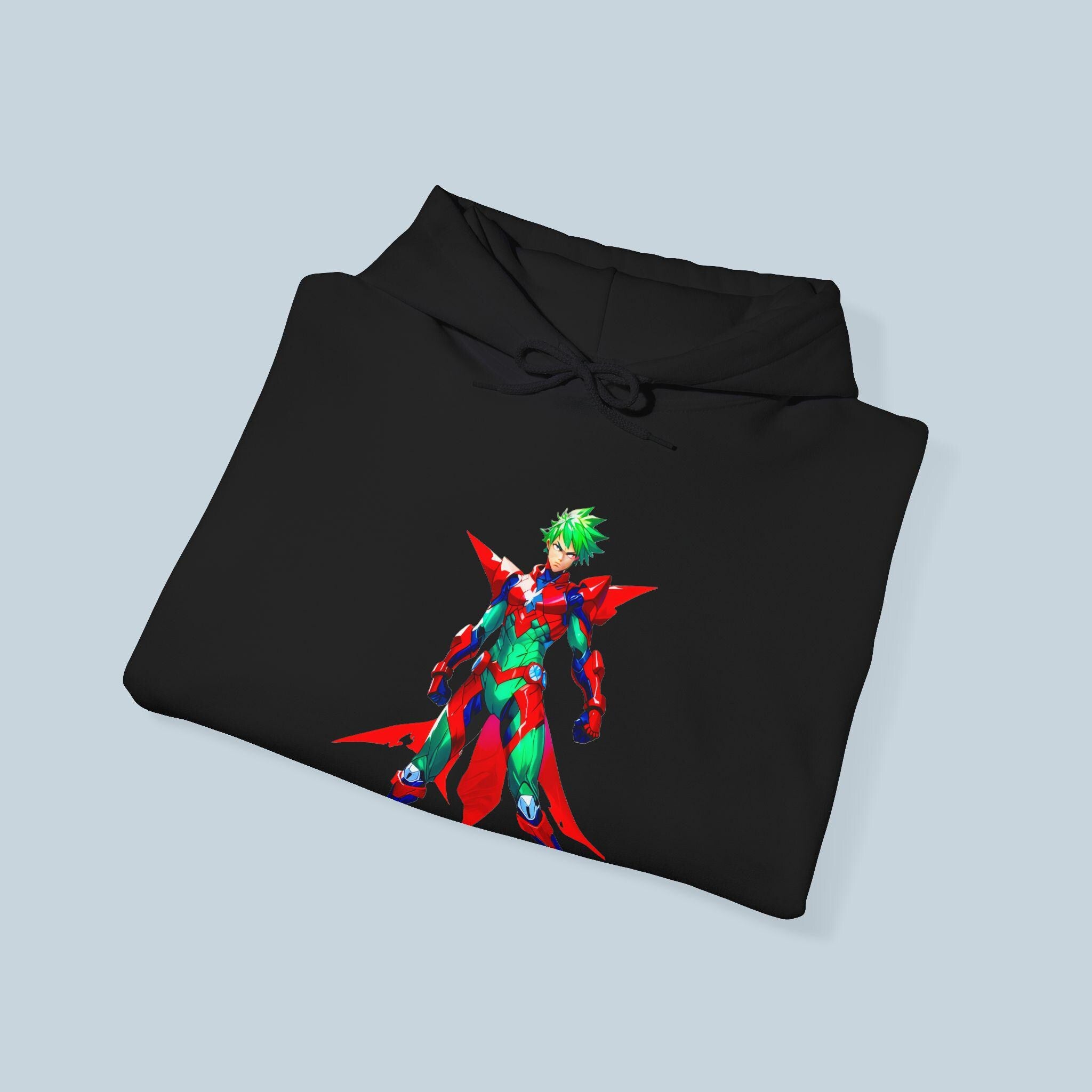 Anime Mecha Hoodie Green Red Warrior Cyber Armor Pullover Streetwear Techwear Gift for Gamers and Anime Fans