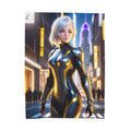 Cyberpunk Blonde Anime Girl Blanket Black Gold Suit Fleece Throw Futuristic Gift for Gamers and Otaku Fans