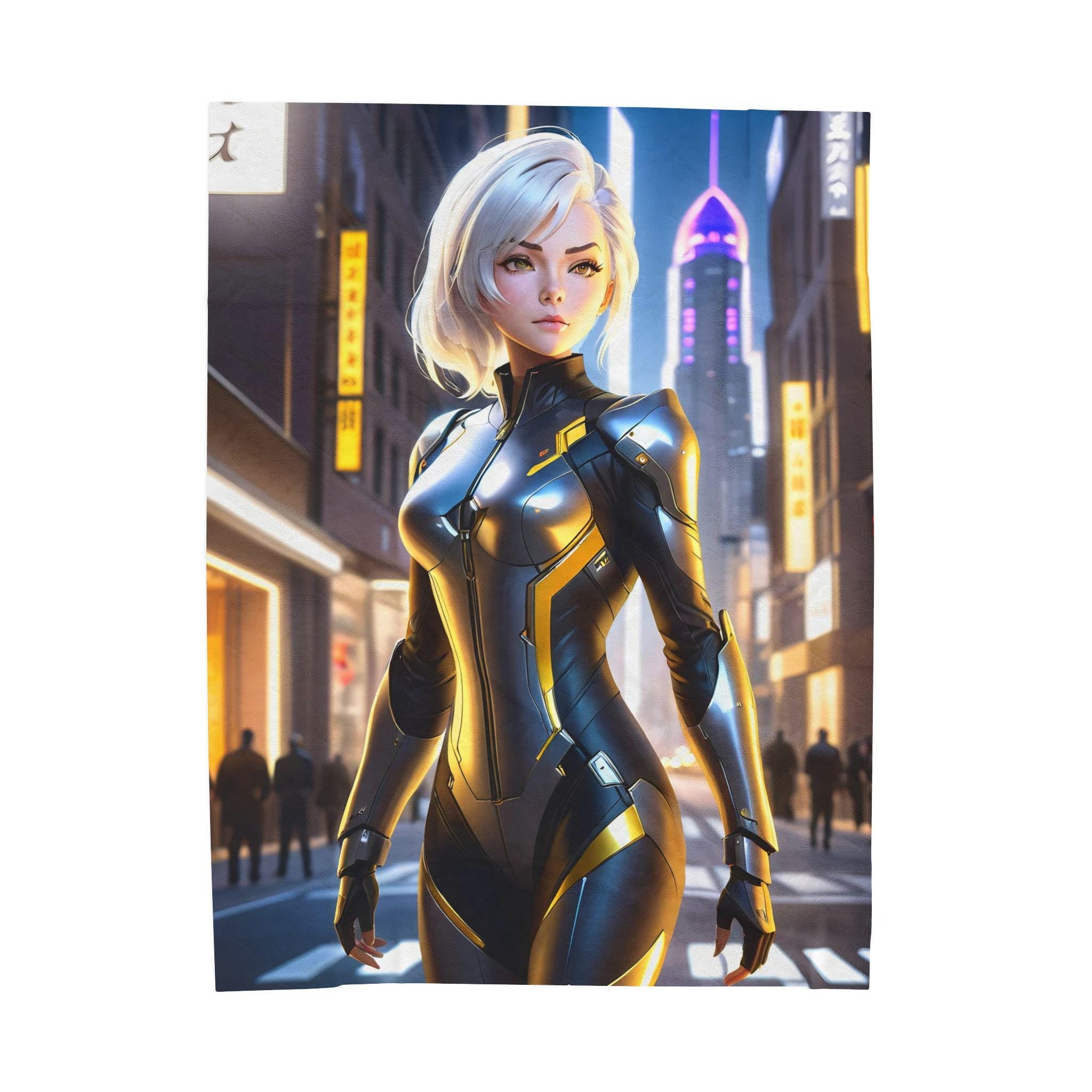 Cyberpunk Blonde Anime Girl Blanket Black Gold Suit Fleece Throw Futuristic Gift for Gamers and Otaku Fans