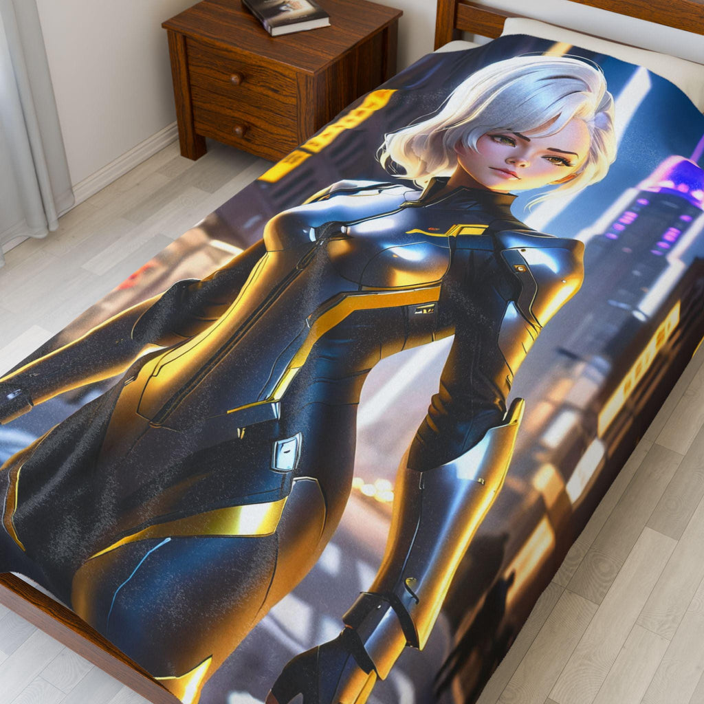 Cyberpunk Blonde Anime Girl Blanket Black Gold Suit Fleece Throw Futuristic Gift for Gamers and Otaku Fans