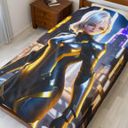 Cyberpunk Blonde Anime Girl Blanket Black Gold Suit Fleece Throw Futuristic Gift for Gamers and Otaku Fans