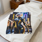 Cyberpunk Blonde Anime Girl Blanket Black Gold Suit Fleece Throw Futuristic Gift for Gamers and Otaku Fans