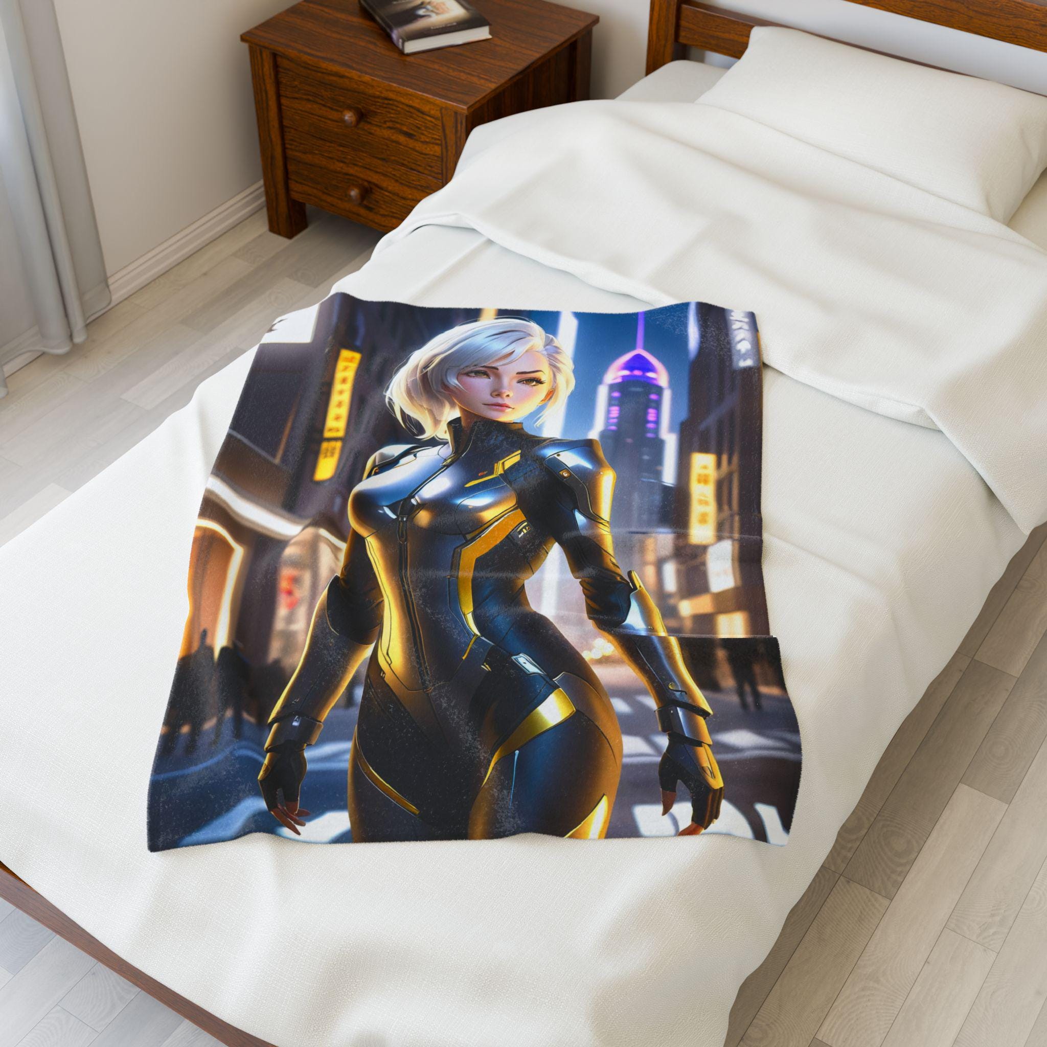 Cyberpunk Blonde Anime Girl Blanket Black Gold Suit Fleece Throw Futuristic Gift for Gamers and Otaku Fans