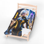 Cyberpunk Blonde Anime Girl Blanket Black Gold Suit Fleece Throw Futuristic Gift for Gamers and Otaku Fans