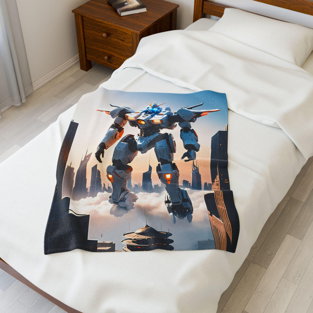 Mecha Robot Anime Blanket White Futuristic Mech Fleece Throw Gundam Style Sci-Fi Gift for Otaku and Gamers