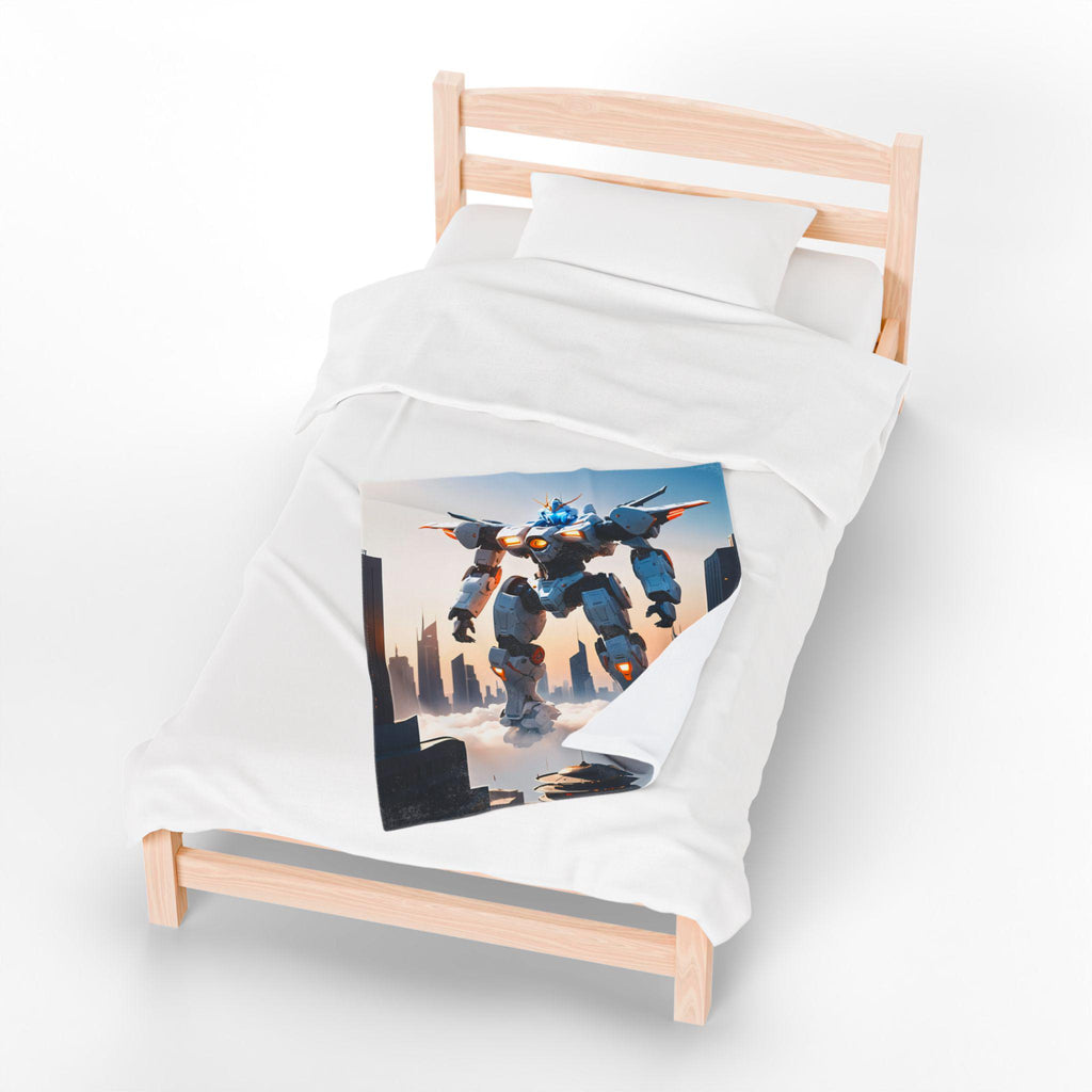 Mecha Robot Anime Blanket White Futuristic Mech Fleece Throw Gundam Style Sci-Fi Gift for Otaku and Gamers