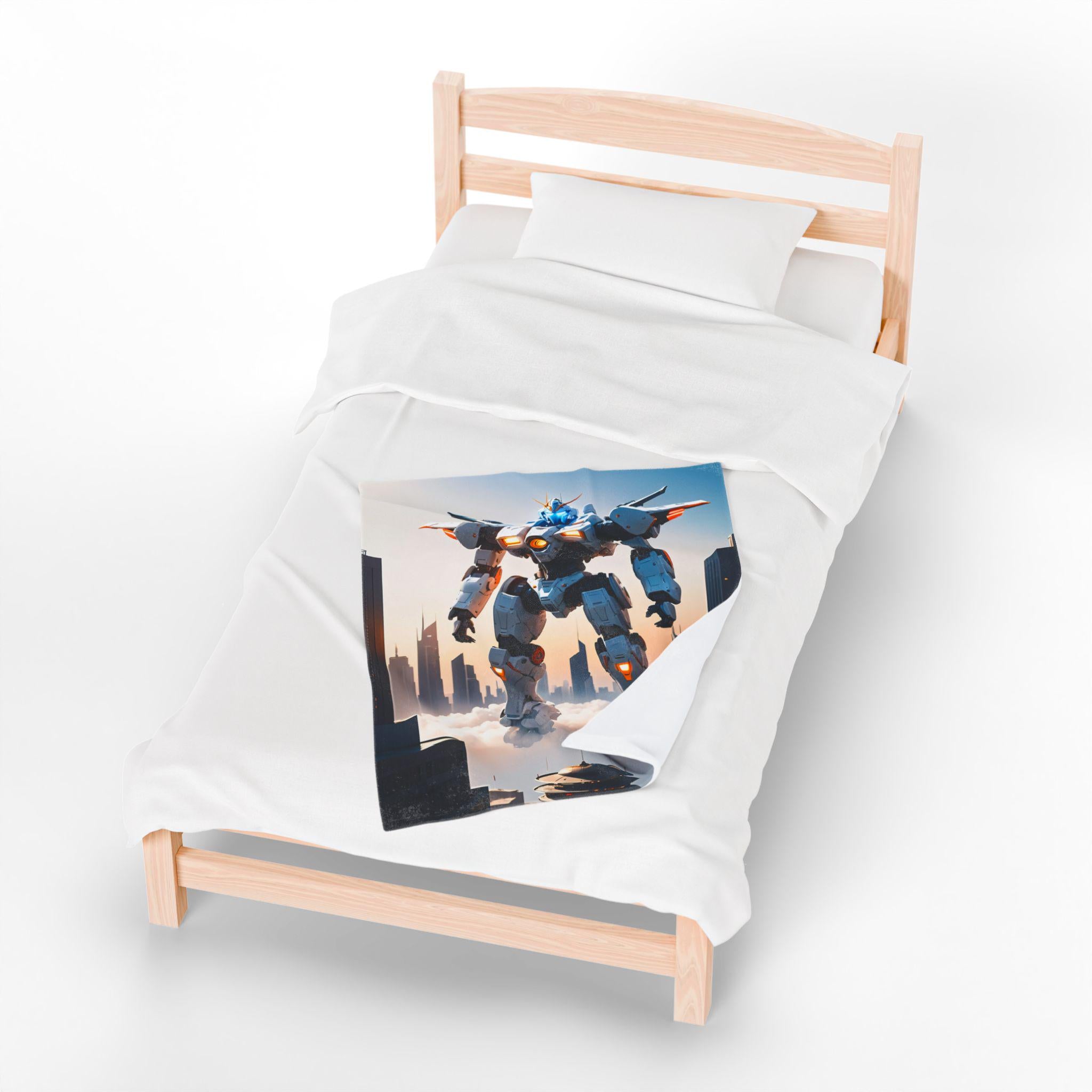 Mecha Robot Anime Blanket White Futuristic Mech Fleece Throw Gundam Style Sci-Fi Gift for Otaku and Gamers