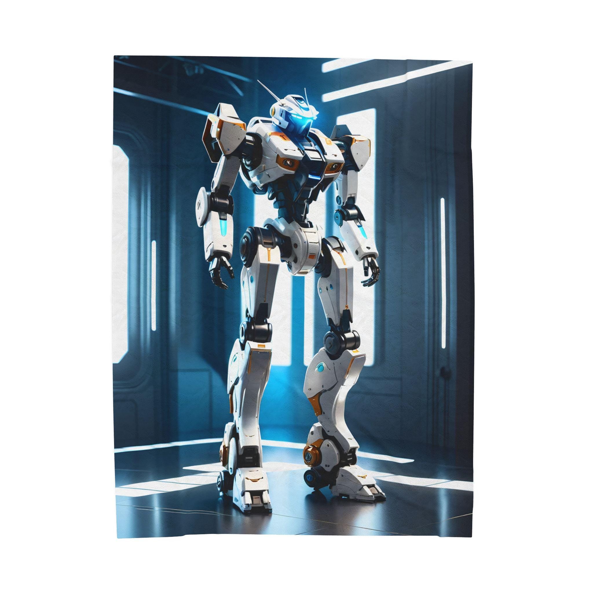 Futuristic Mecha Robot Blanket Sci-Fi Anime Fleece Throw White Tech Mech Gift for Gamers and Otaku