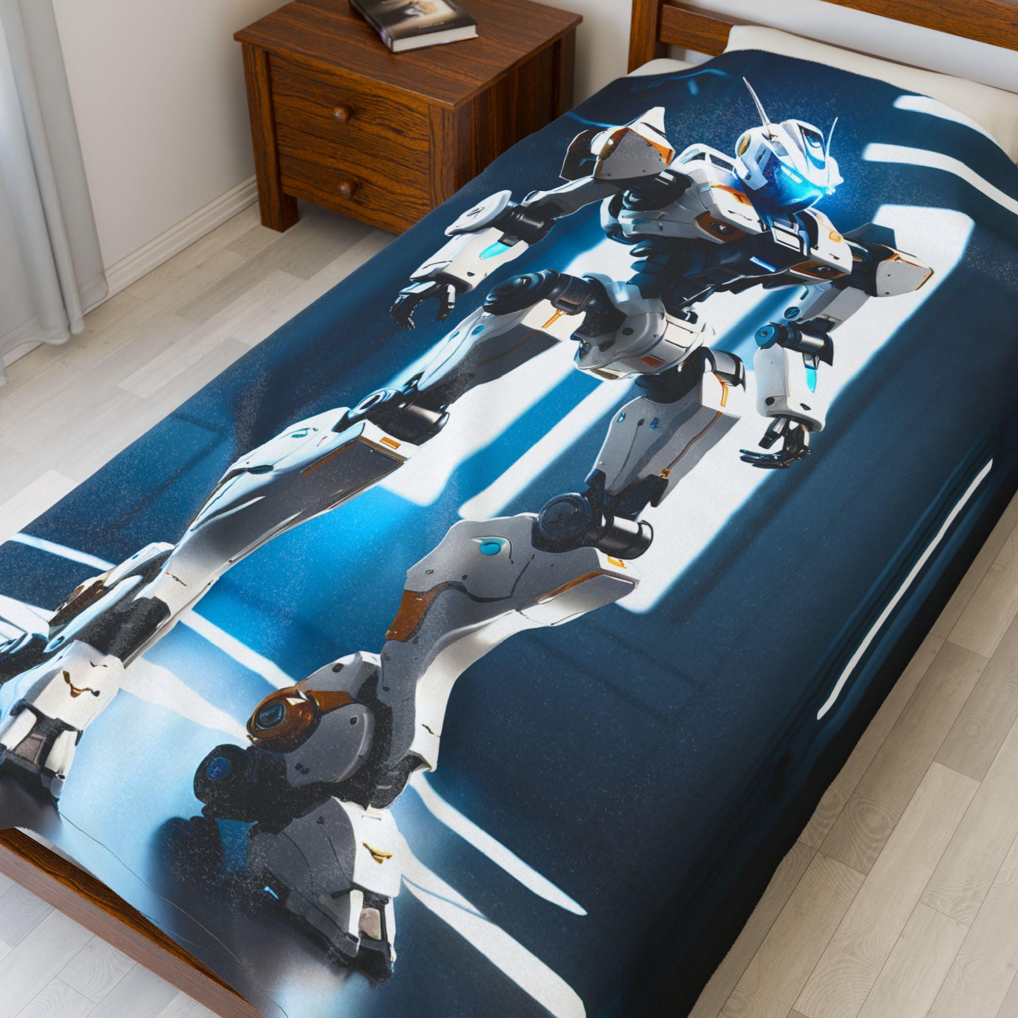 Futuristic Mecha Robot Blanket Sci-Fi Anime Fleece Throw White Tech Mech Gift for Gamers and Otaku