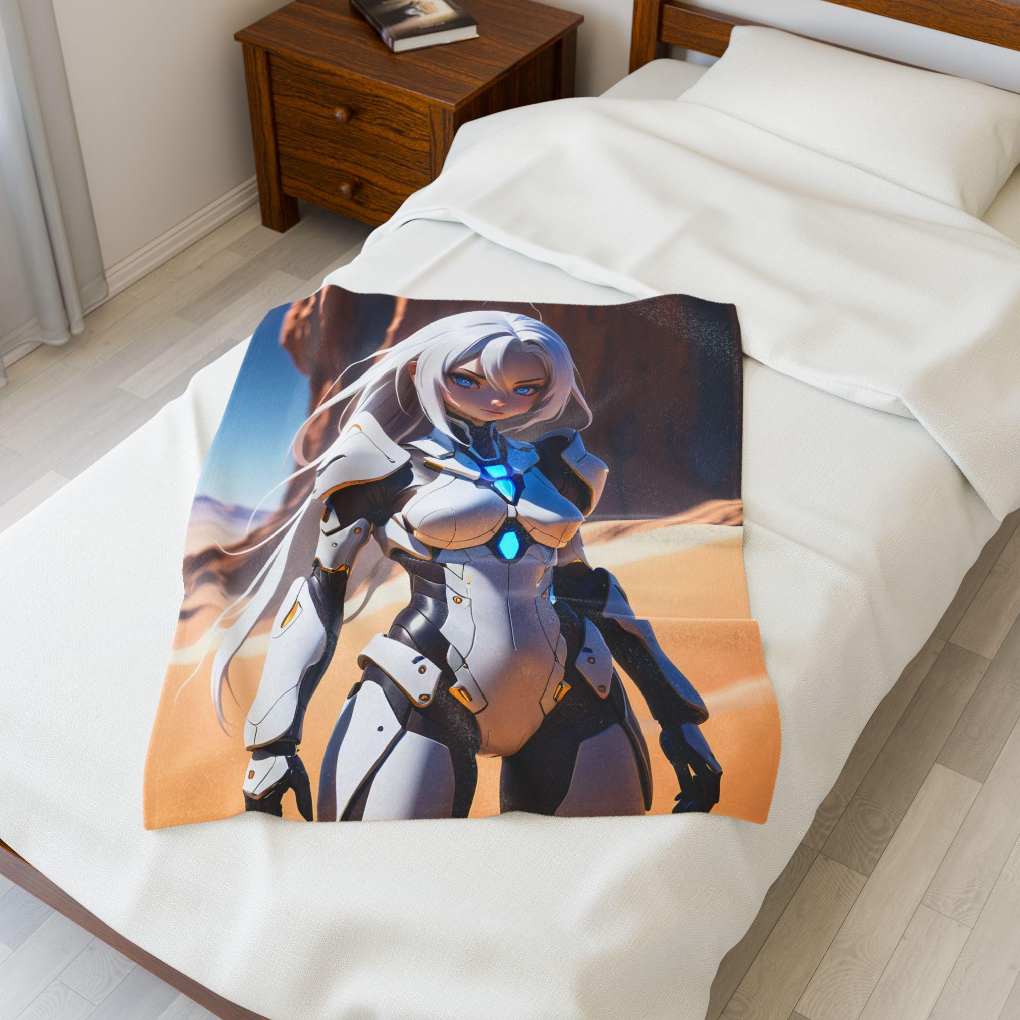Sci-Fi Anime Girl Blanket Futuristic Fleece Throw Desert Warrior Armor Blue Glow Gift for Gamers and Otaku