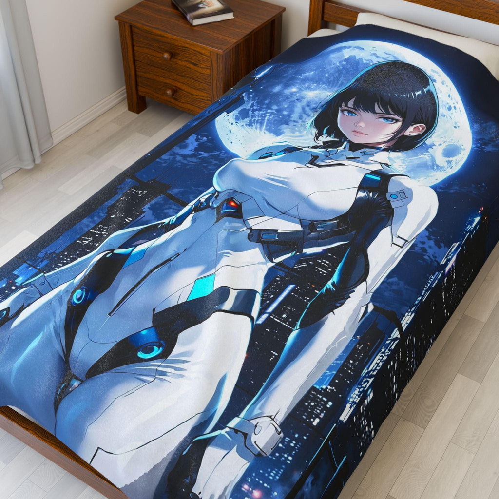Cyberpunk Anime Girl Fleece Blanket Futuristic Moon Warrior Cool Gamer Gift Soft Cozy Sci-Fi Room Decor Epic Anime Apparel