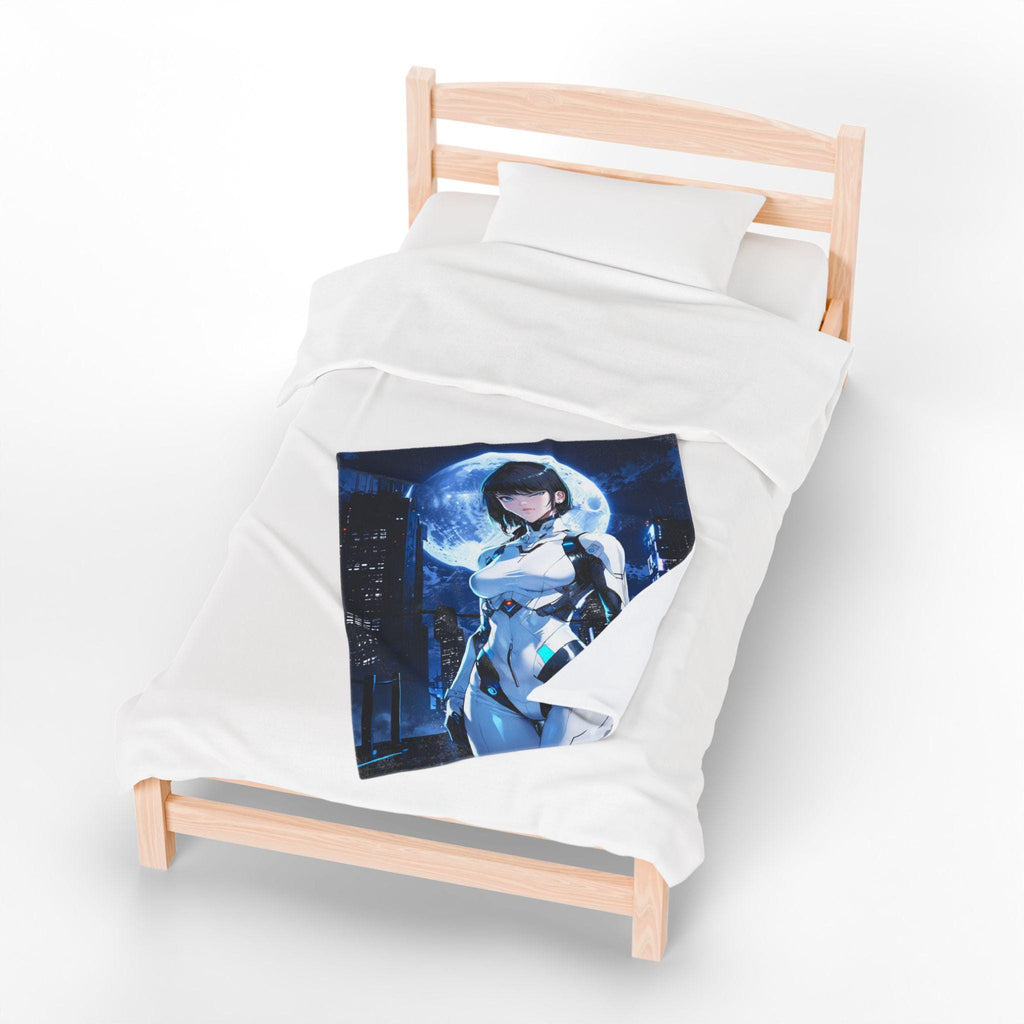 Cyberpunk Anime Girl Fleece Blanket Futuristic Moon Warrior Cool Gamer Gift Soft Cozy Sci-Fi Room Decor Epic Anime Apparel