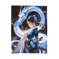 Blue Dragon Anime Girl Sherpa Blanket Elegant Kimono Spirit Beast Cozy Soft Gift for Anime Lovers Chinese Fantasy Room Decor