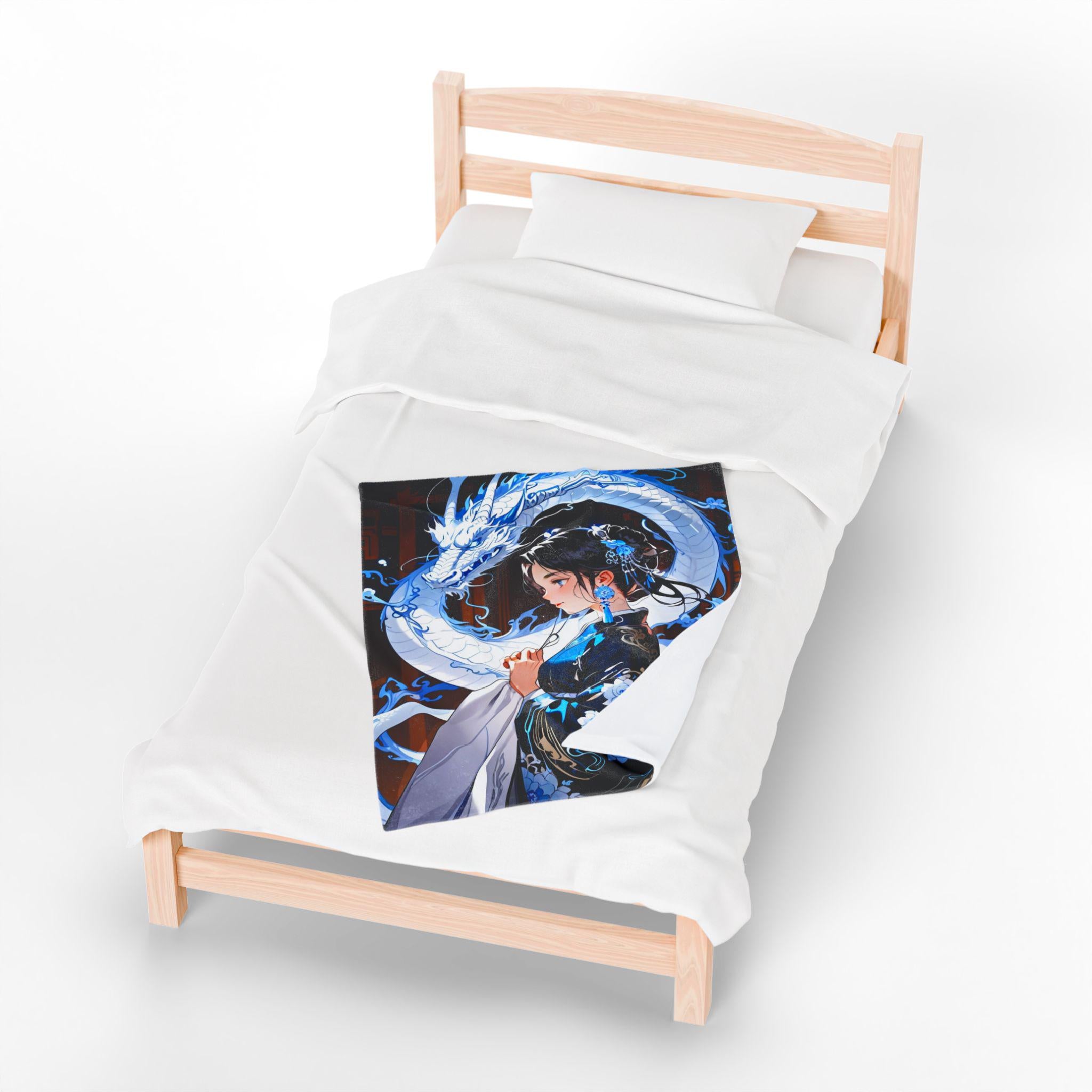 Blue Dragon Anime Girl Sherpa Blanket Elegant Kimono Spirit Beast Cozy Soft Gift for Anime Lovers Chinese Fantasy Room Decor