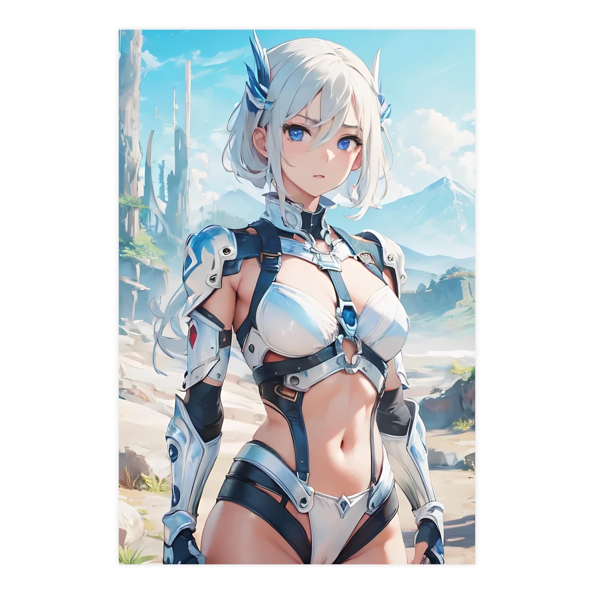 Sci Fi Anime Girl Poster White Hair Futuristic Warrior Wall Art Sexy Battle Suit Print for Anime Lovers and Gamers