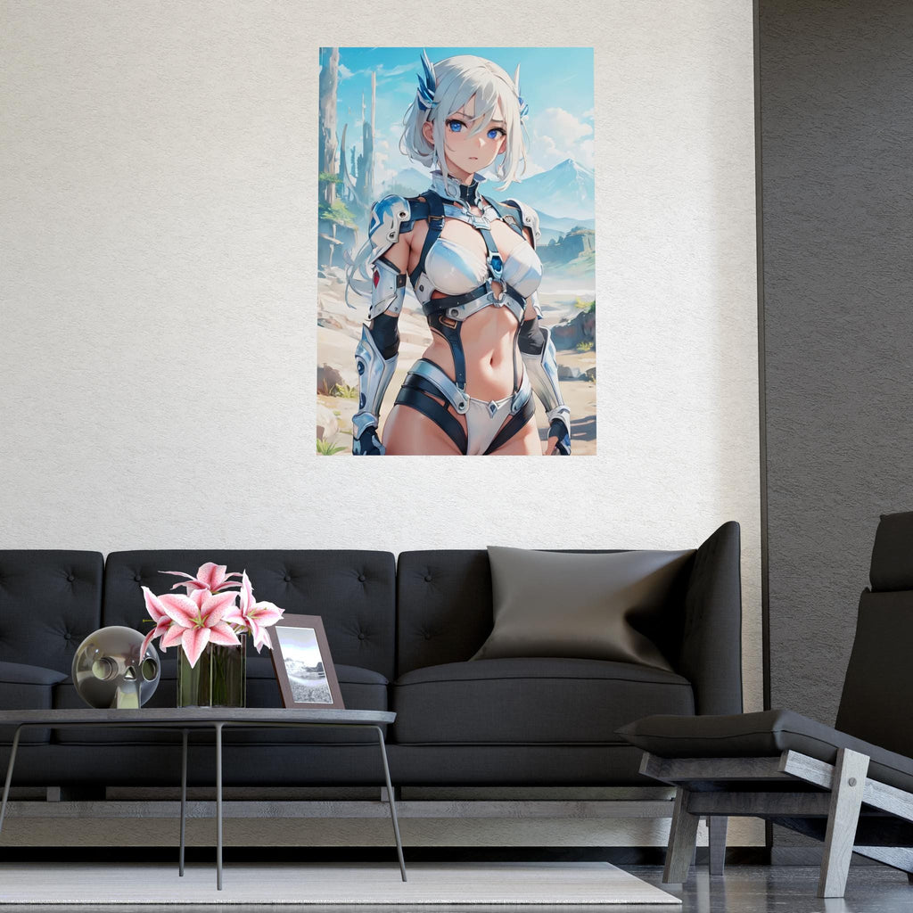 Sci Fi Anime Girl Poster White Hair Futuristic Warrior Wall Art Sexy Battle Suit Print for Anime Lovers and Gamers