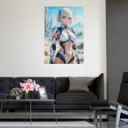 Sci Fi Anime Girl Poster White Hair Futuristic Warrior Wall Art Sexy Battle Suit Print for Anime Lovers and Gamers