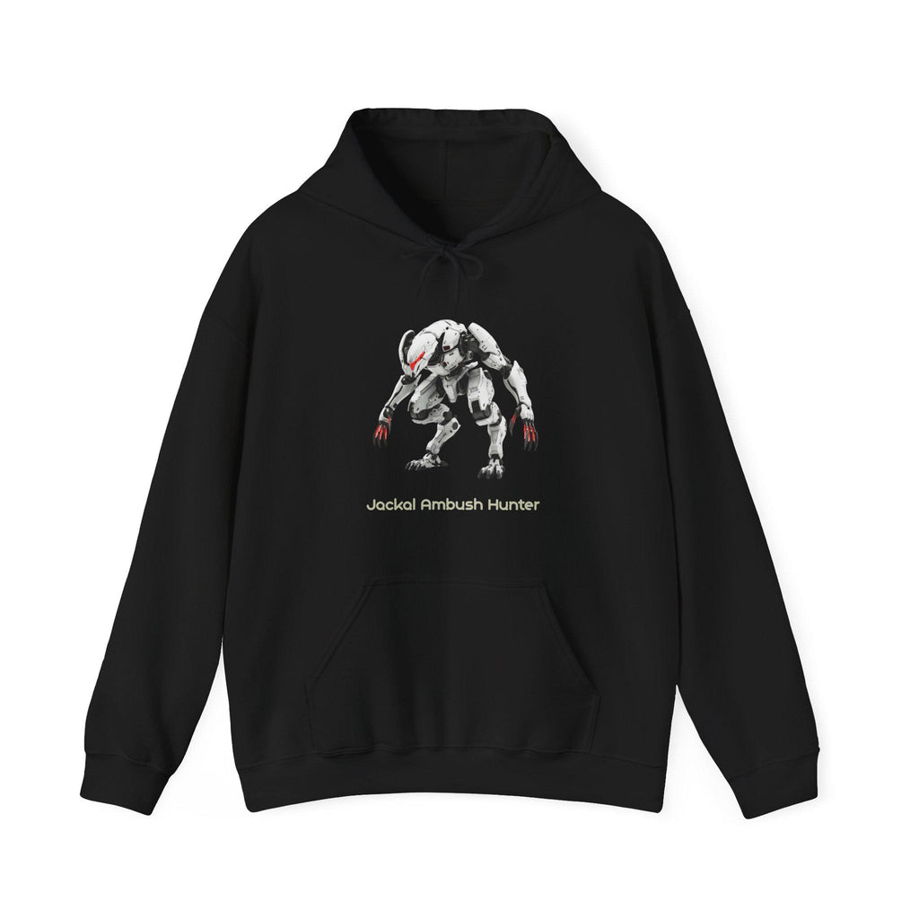 Jackal Ambush Hunter Hoodie Sci-Fi Cyberpunk Robot Sweatshirt for Gamers Futuristic Mech Streetwear Gift for Anime and Tech Fans