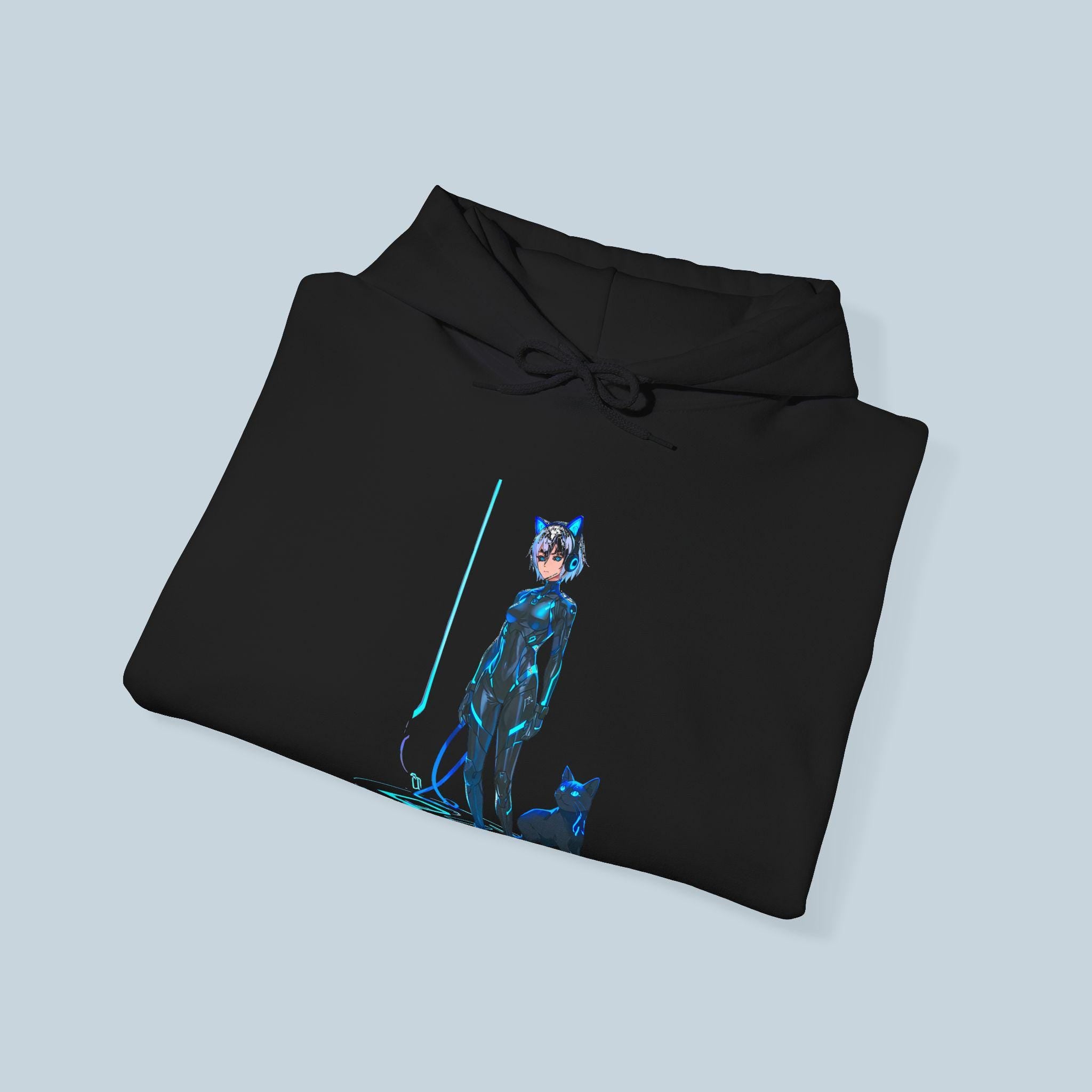 Cyberpunk Cat Girl Hoodie Neon Blue Techwear Streetwear Futuristic Anime Gamer Gift for Cat Lovers