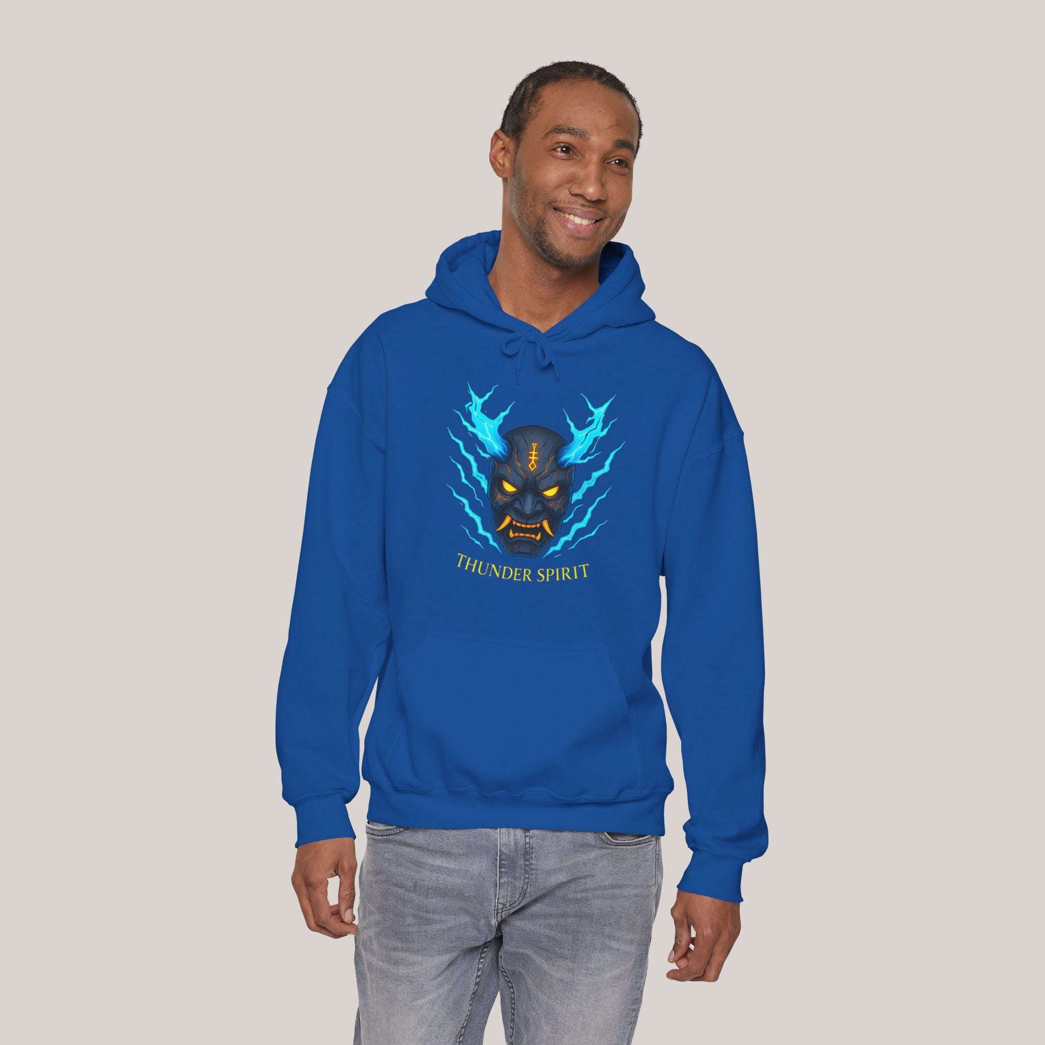 Thunder Spirit Hoodie Anime Oni Mask Electric Blue Lightning Gift for Gamers and Anime Fans