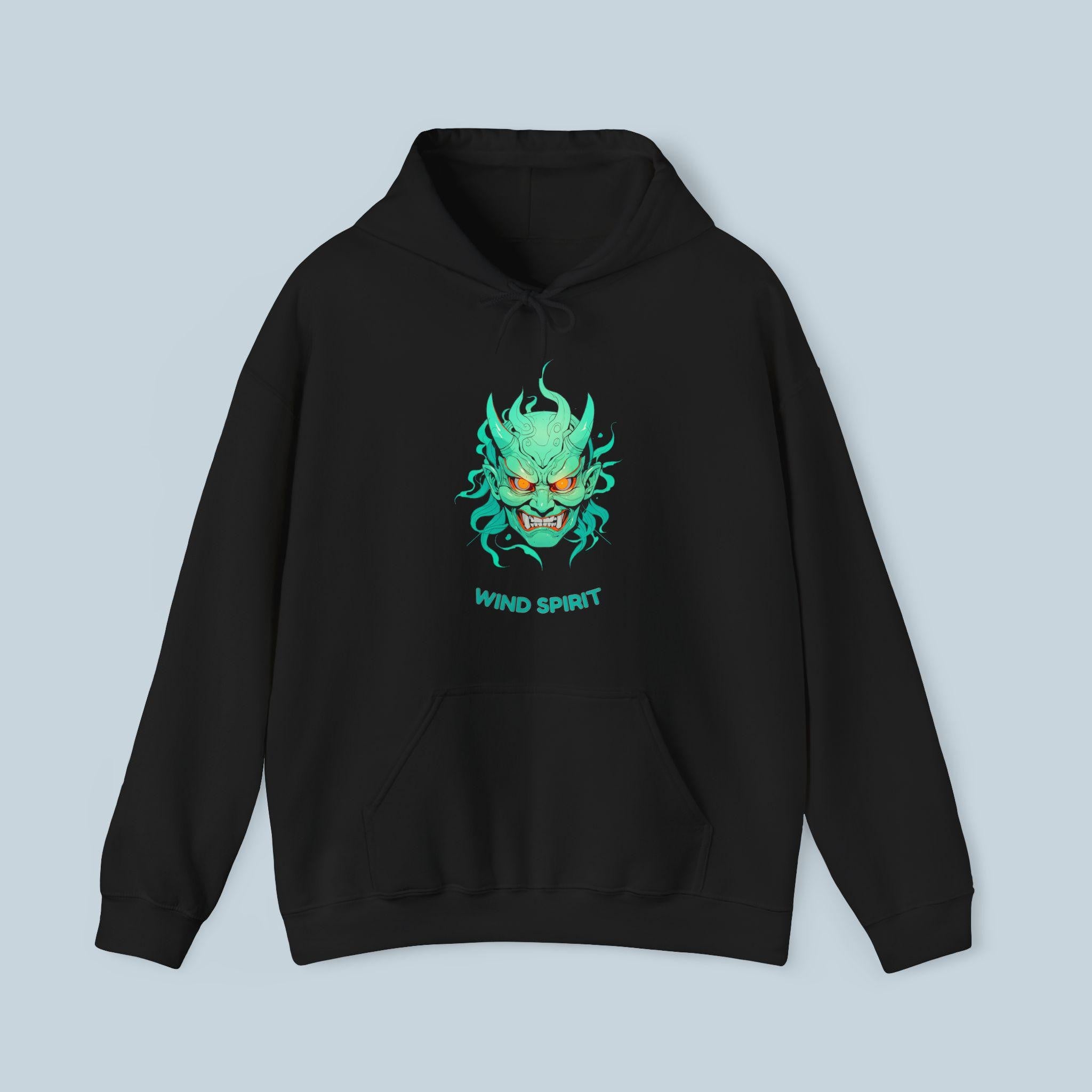 Wind Spirit Oni Mask Hoodie Anime Streetwear Green Glow Japanese Demon Mask Pullover Hoodie Gift for Anime Fans and Gamers