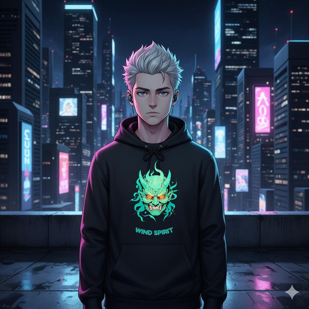 Wind Spirit Oni Mask Hoodie Anime Streetwear Green Glow Japanese Demon Mask Pullover Hoodie Gift for Anime Fans and Gamers
