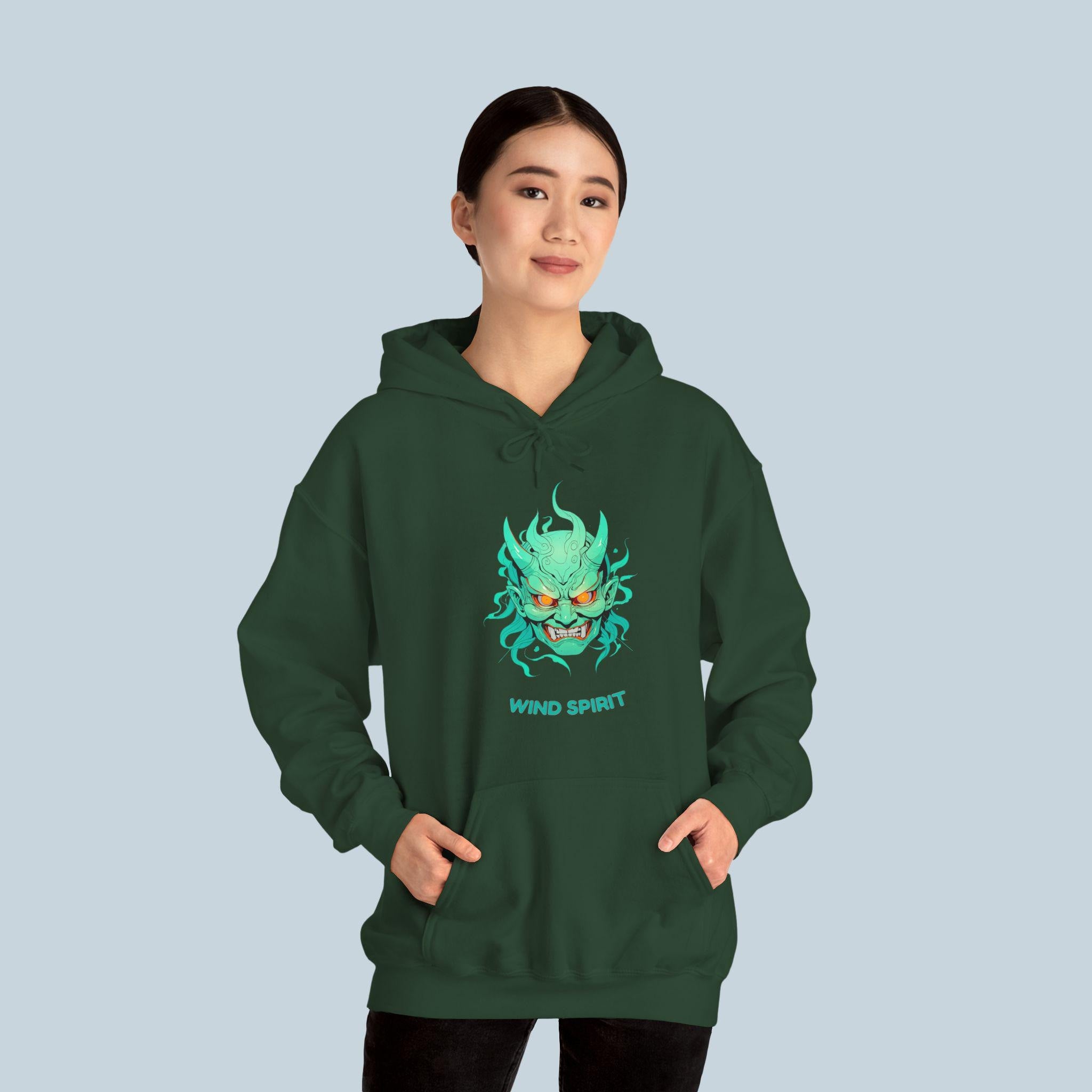 Wind Spirit Oni Mask Hoodie Anime Streetwear Green Glow Japanese Demon Mask Pullover Hoodie Gift for Anime Fans and Gamers