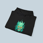 Wind Spirit Oni Mask Hoodie Anime Streetwear Green Glow Japanese Demon Mask Pullover Hoodie Gift for Anime Fans and Gamers