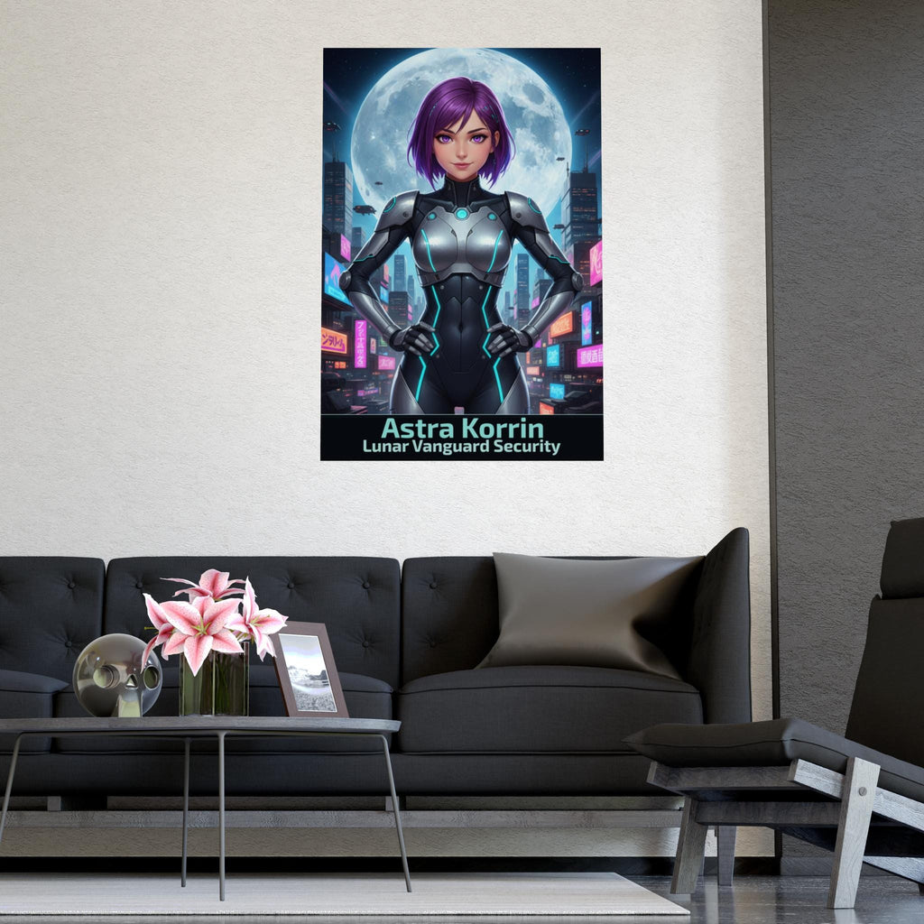 Astra Korrin Anime Poster Cyberpunk Security Girl Lunar City Wall Art Techwear Gift for Anime Fans and Gamers