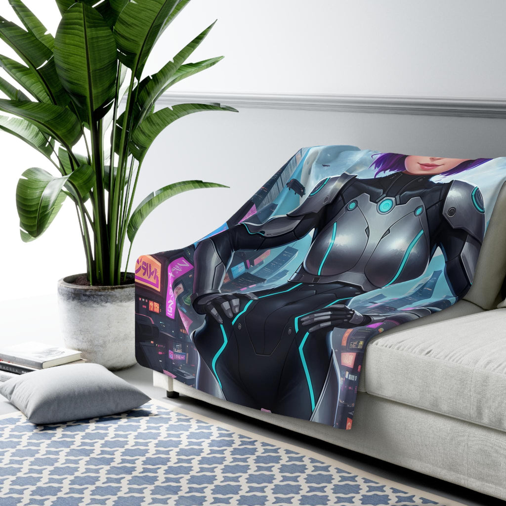 Astra Korrin Anime Blanket Cyberpunk Girl Sherpa Throw Futuristic Techwear Gift for Gamers and Anime Fans