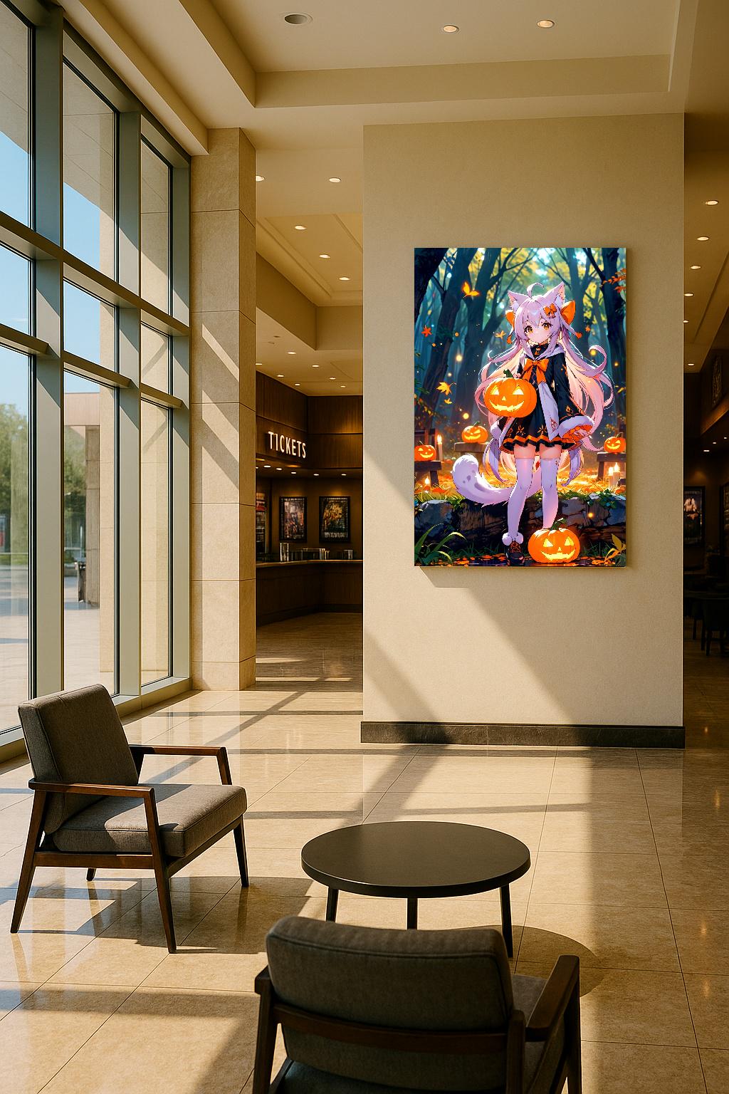 Halloween Cat Spirit Poster, Cute Anime Art | Kawaii Cat Girl with Pumpkins | Fall Anime Decor for Bedrooms, Gamers | Epic Anime Apparel