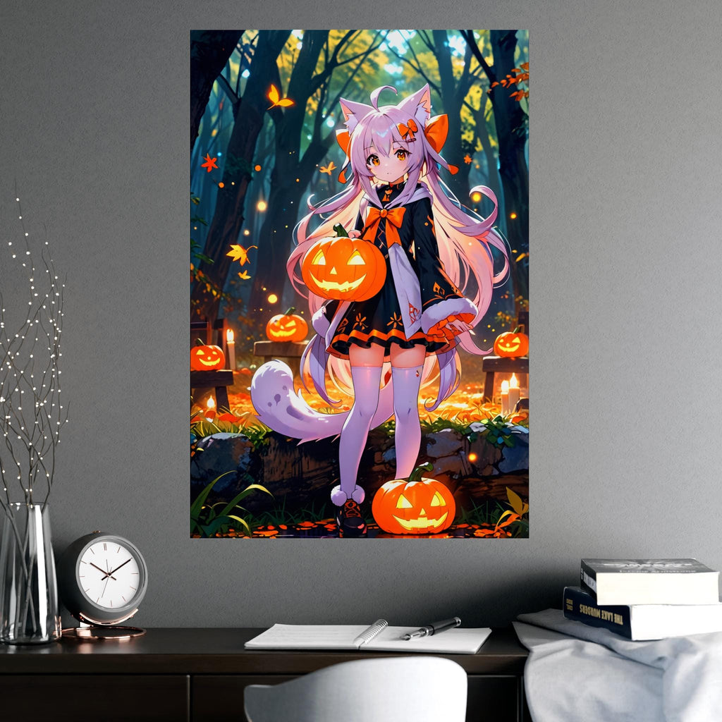 Halloween Cat Spirit Poster, Cute Anime Art | Kawaii Cat Girl with Pumpkins | Fall Anime Decor for Bedrooms, Gamers | Epic Anime Apparel