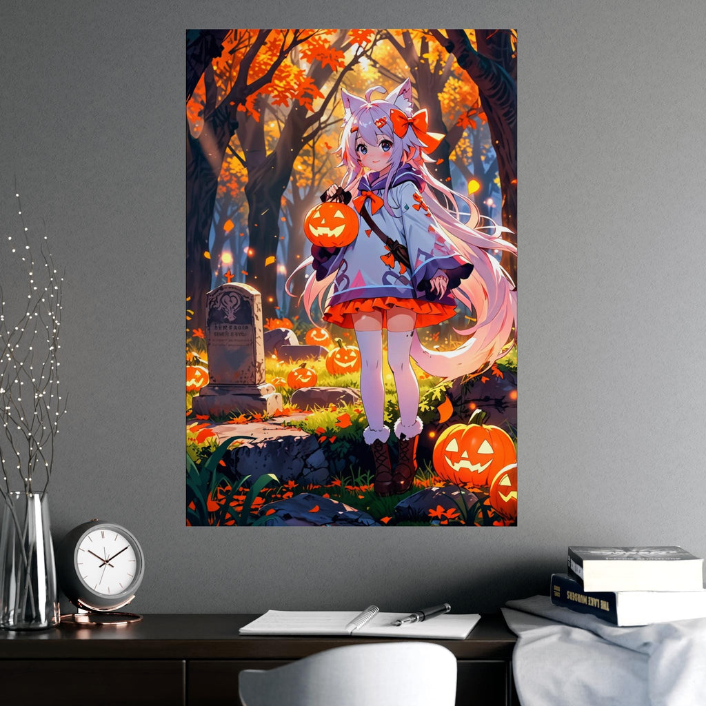 Autumn Cat Spirit Anime Poster Fall Wall Art Kawaii Cat Girl with Pumpkins Cozy Halloween Aesthetic Gift for Anime Fans and Collectors