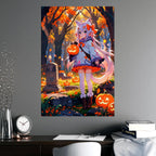 Autumn Cat Spirit Anime Poster Fall Wall Art Kawaii Cat Girl with Pumpkins Cozy Halloween Aesthetic Gift for Anime Fans and Collectors