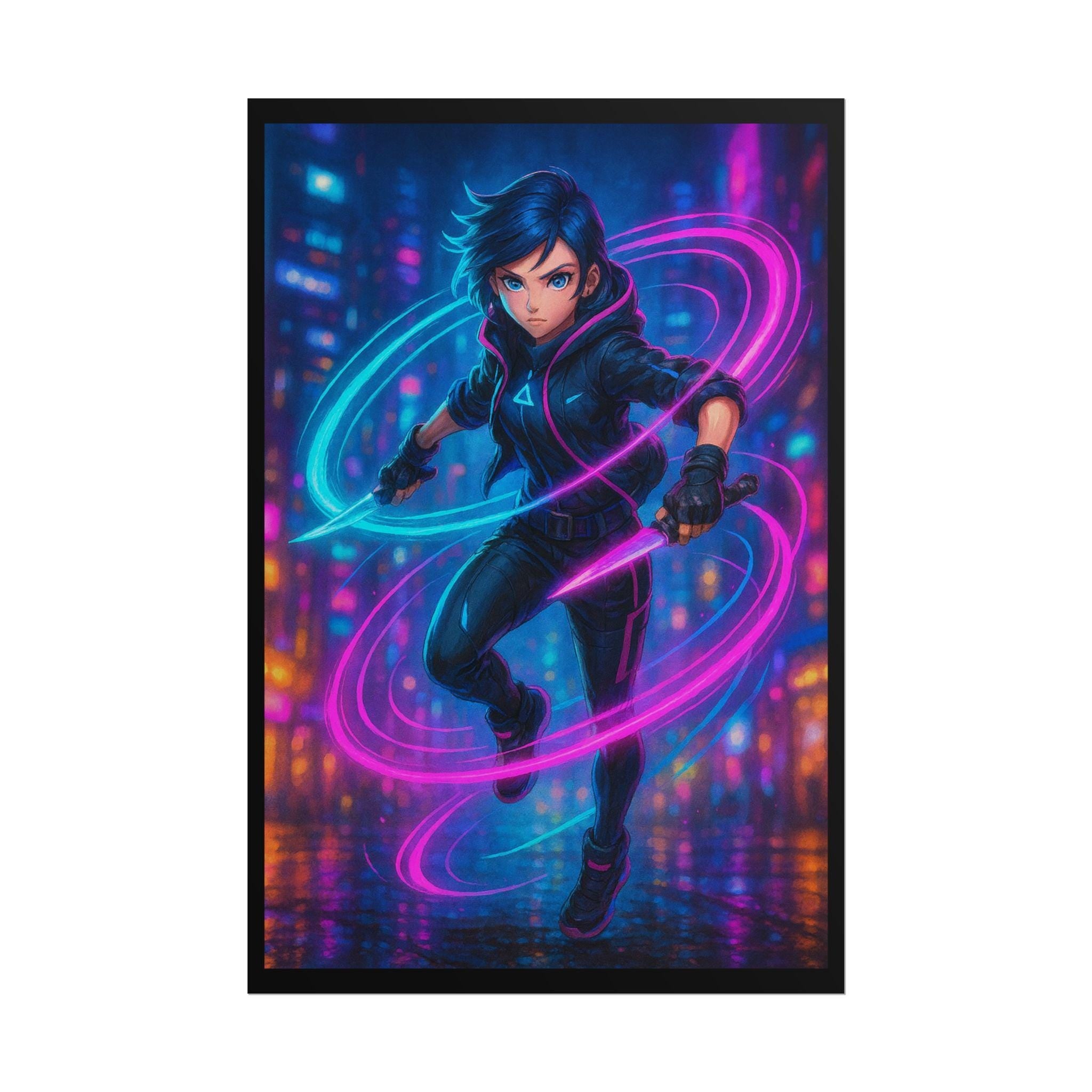 Neon Knife Assassin Anime Poster Cyberpunk Girl Wall Art for Gamers Techwear Decor Futuristic Blade Warrior Print