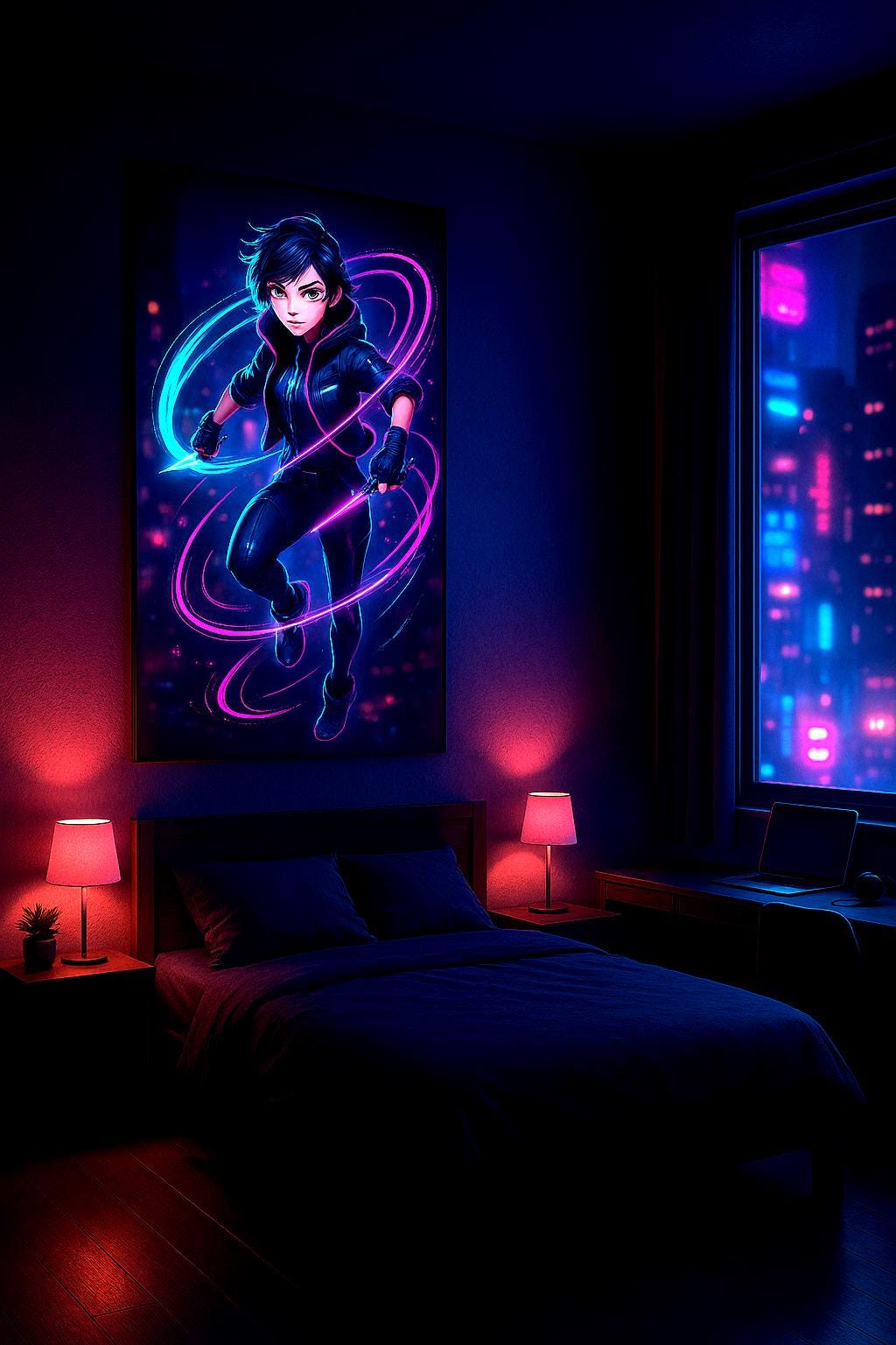 Neon Knife Assassin Anime Poster Cyberpunk Girl Wall Art for Gamers Techwear Decor Futuristic Blade Warrior Print