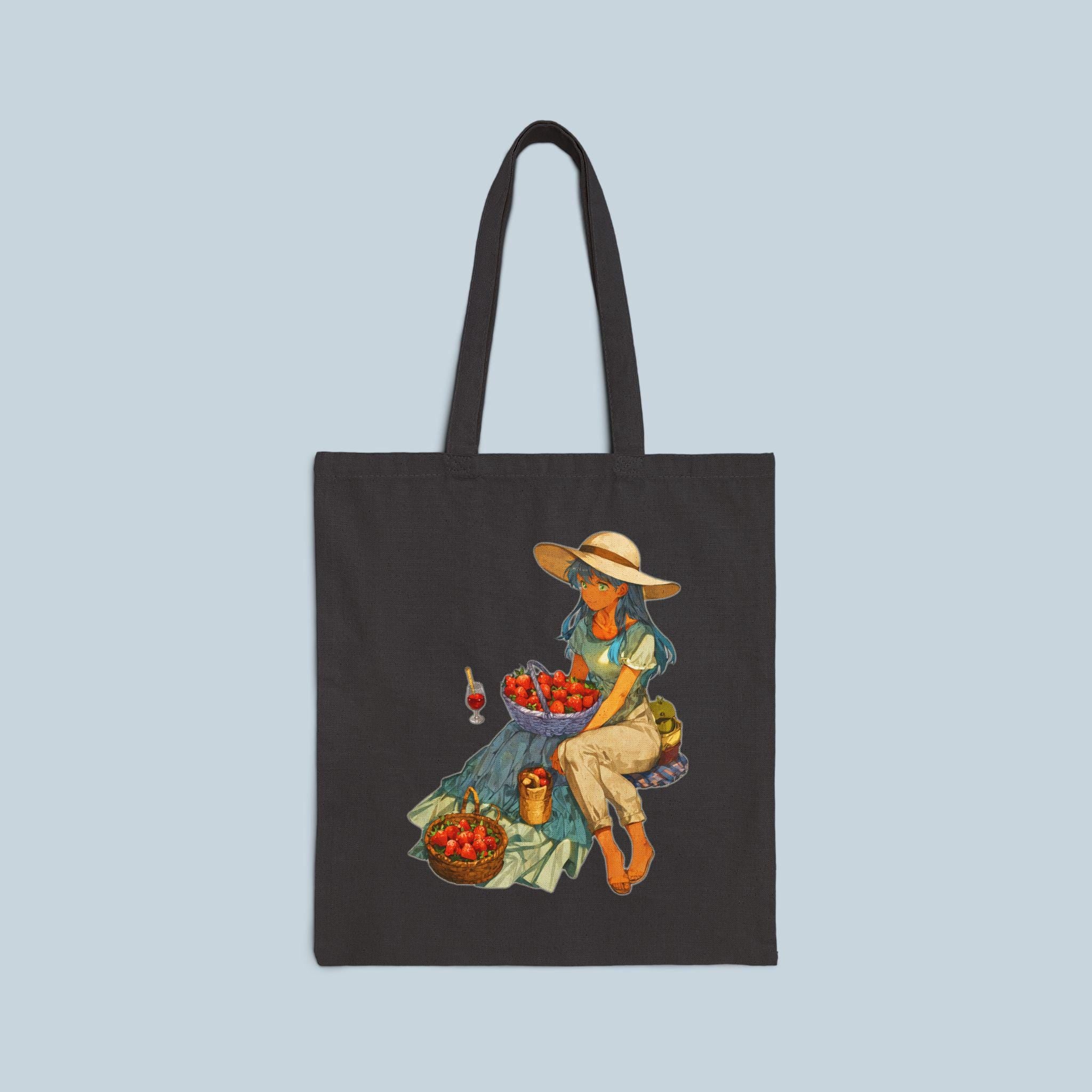 Anime Picnic Tote Bag Aesthetic Strawberry Girl Cottagecore Farmers Market Bag Gift for Anime Lovers and Cozy Nature Fans