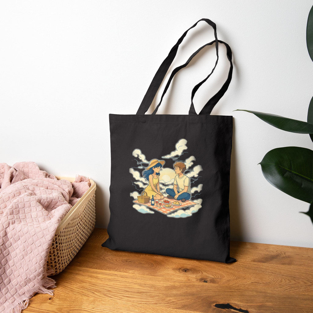 Anime Picnic Couple Tote Bag Romantic Aesthetic Date Art Cute Black Canvas Bag Gift for Anime Fans and Nature Lovers