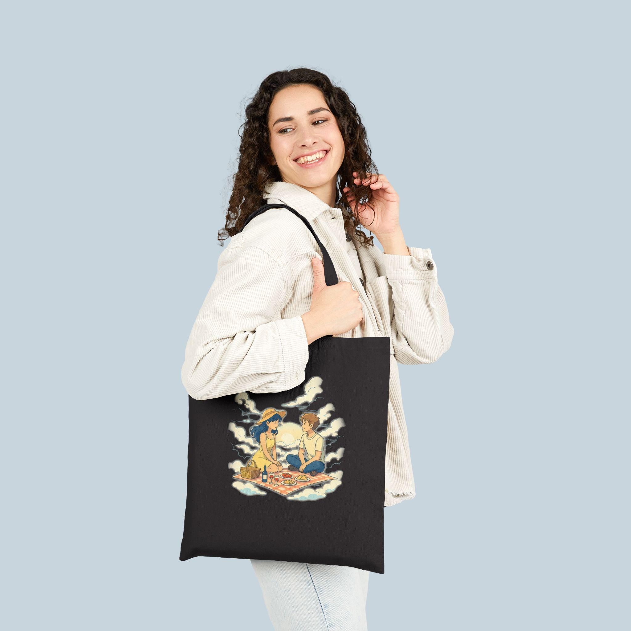 Anime Picnic Couple Tote Bag Romantic Aesthetic Date Art Cute Black Canvas Bag Gift for Anime Fans and Nature Lovers