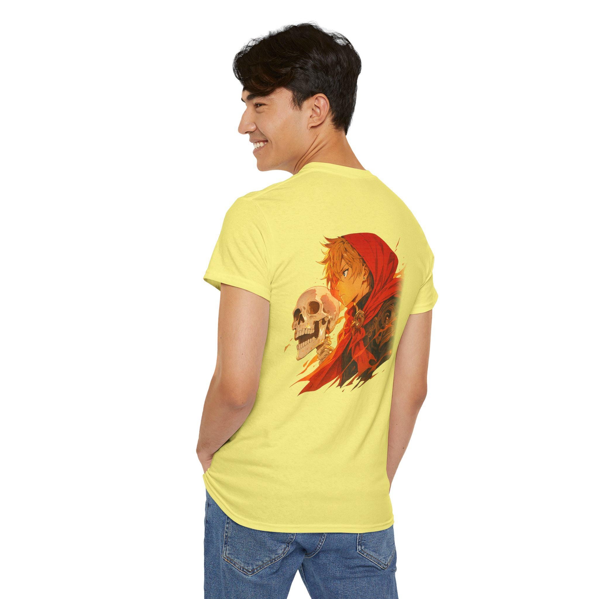 Anime Skull Hoodie Boy Shirt Red Cloak Fire Glow T-Shirt Cool Otaku Graphic Tee Gift for Anime Fans and Collectors