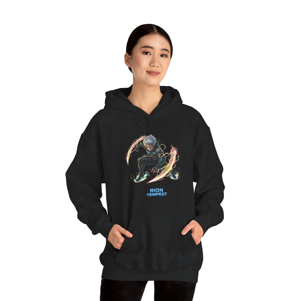 Rion Tempest Lightning Hoodie, Neon Anime Streetwear | Futuristic Techie Gift | Cyberpunk Hoodie for Gamers Anime Fans | Epic Anime Apparel