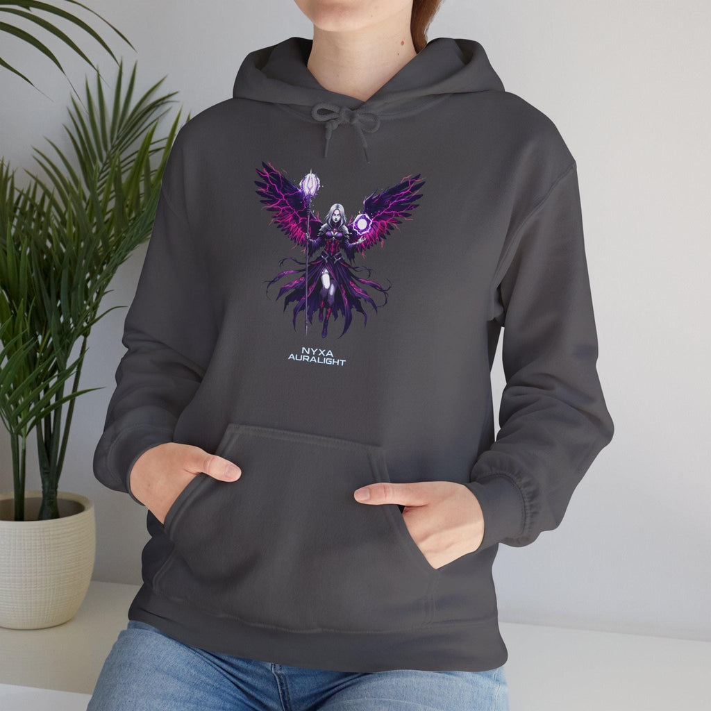Nyxa Auralight Hoodie Anime Dark Sorceress Sweatshirt Magical Wings Neon Purple Gothic Fantasy Gift for Anime Lovers and Gamers