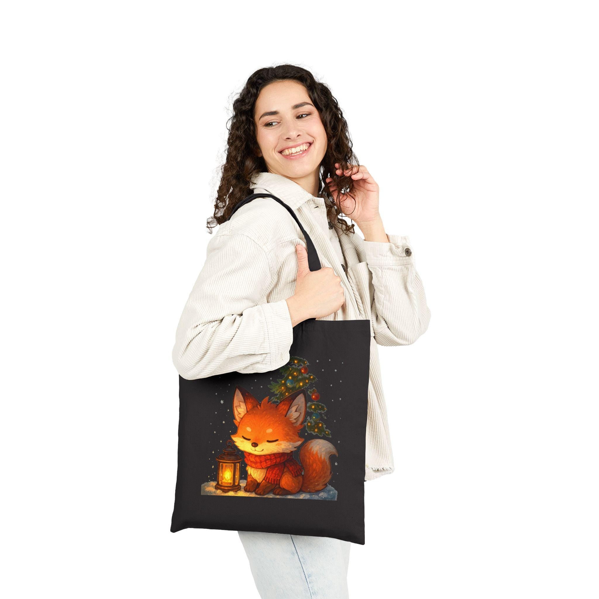 Cute Christmas Fox Tote Bag with Lantern, Holiday Gift Bag, Cozy Kawaii Animal Shopper, Woodland Winter Aesthetic Canvas Tote