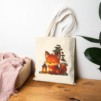 Cute Christmas Fox Tote Bag with Lantern, Holiday Gift Bag, Cozy Kawaii Animal Shopper, Woodland Winter Aesthetic Canvas Tote