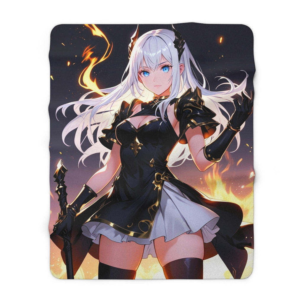 Dark Flame Sorceress Anime Sherpa Blanket 60x80 Gothic Fire Mage Gift Black Gold Magic Girl Fleece Throw | Epic Anime Home Decor